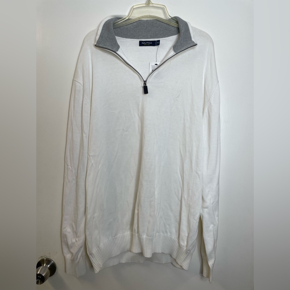 Nautica Mens Cotton Quarter Zip Sweater White Marshmallow White Logo XXL New